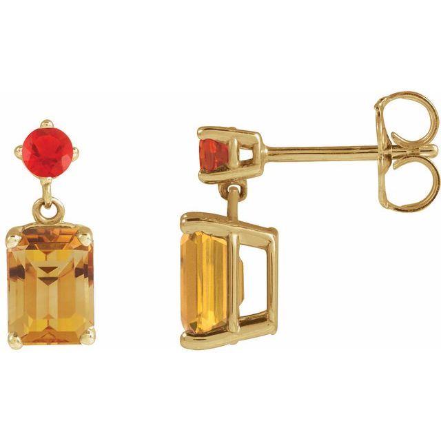 14K Natural Citrine & Natural Mexican Fire Opal Dangle Earrings