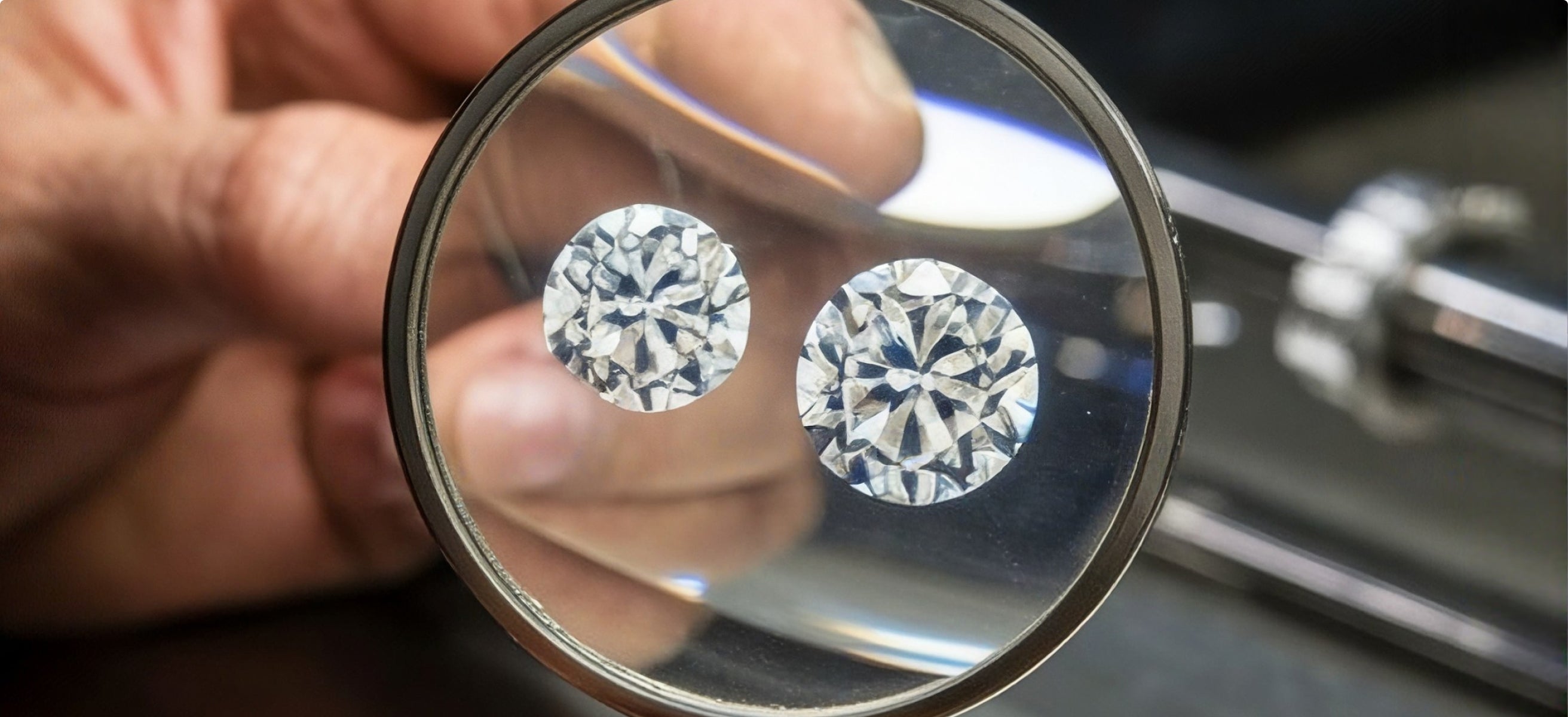 Two diamonds viewed through a magnifying loupe