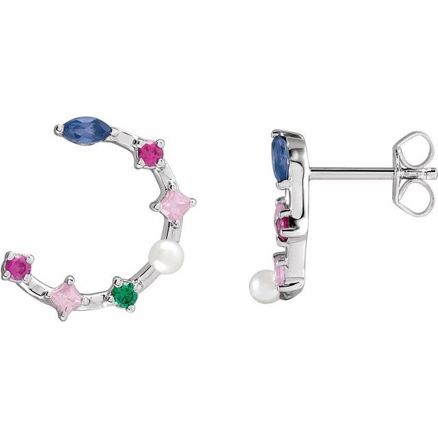 14K Cultured Freshwater Pearl & Natural Multi-Gemstone Earrings