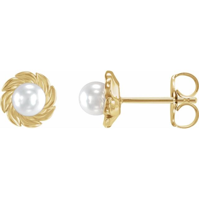 14K Cultured Akoya Pearl Leaf Earrings
