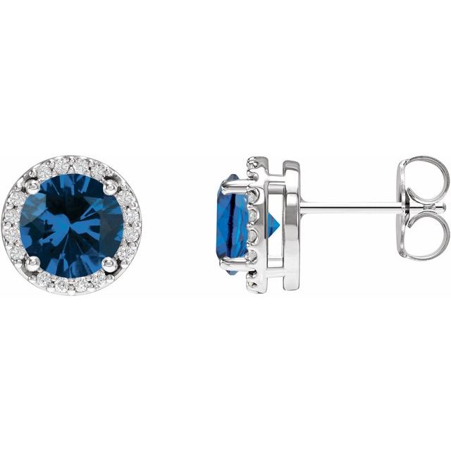 14K Lab-Grown Blue Sapphire & 1/10 CTW Natural Diamond Halo-Style Earrings