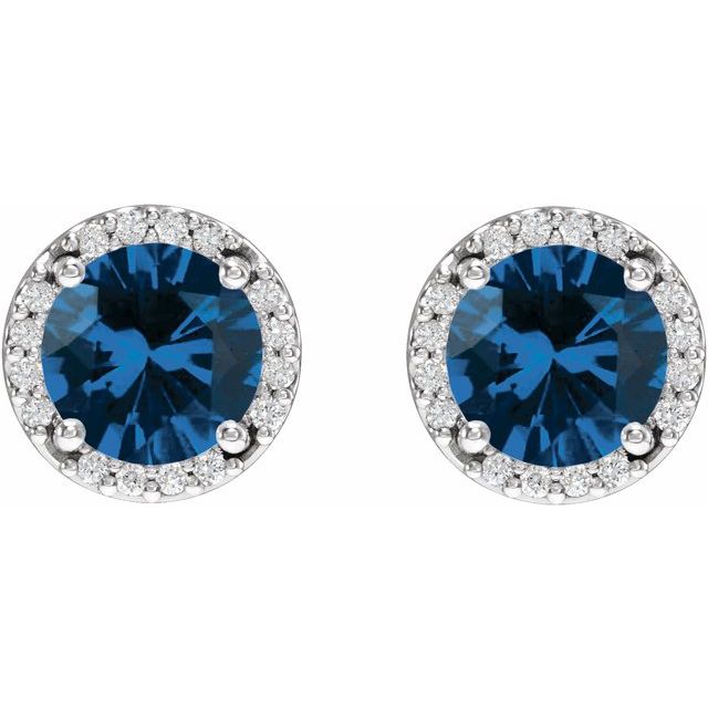 14K Lab-Grown Blue Sapphire & 1/10 CTW Natural Diamond Halo-Style Earrings