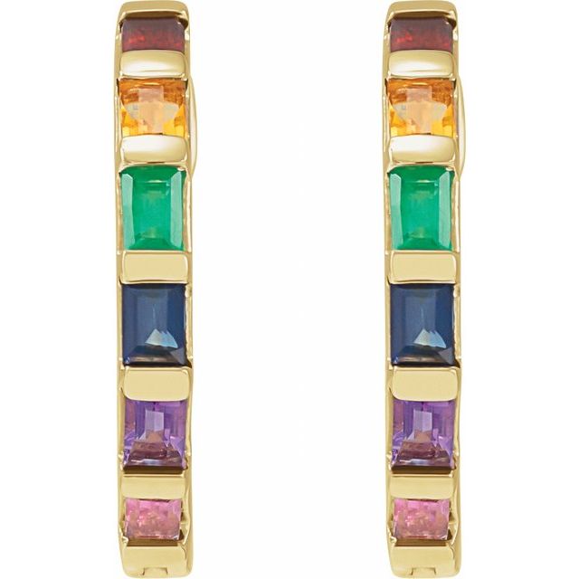14K Natural Multi-Gemstone Rainbow Hoop Earrings