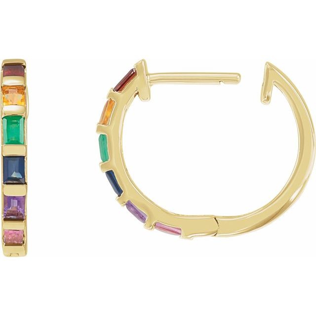 14K Natural Multi-Gemstone Rainbow Hoop Earrings