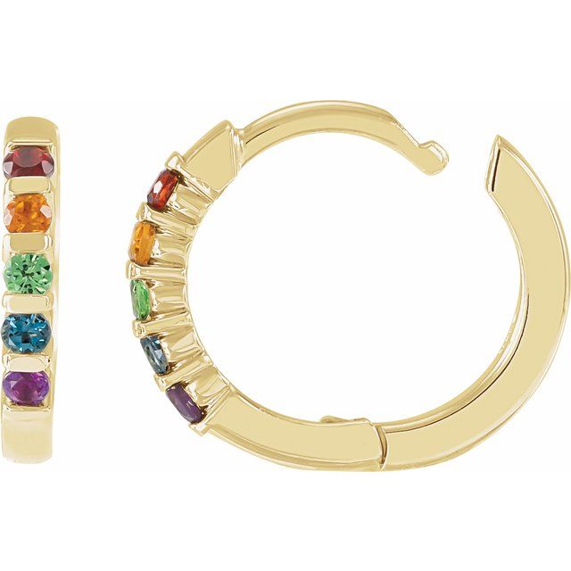 14K Natural Multi-Gemstone Rainbow Huggie Hoop Earrings