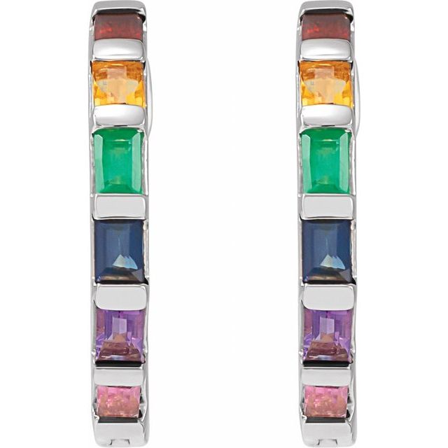 14K Natural Multi-Gemstone Rainbow Hoop Earrings