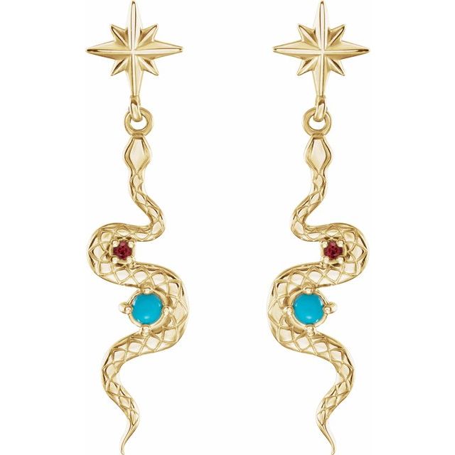 14K Natural Turquoise & Natural Ruby Snake Earrings