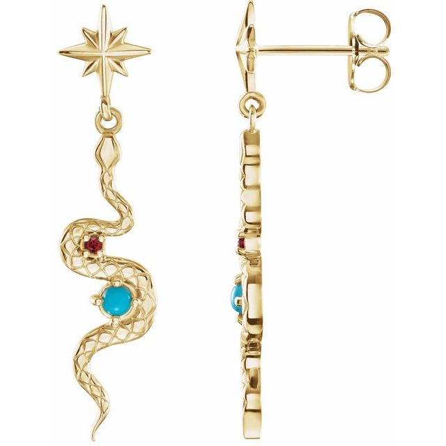 14K Natural Turquoise & Natural Ruby Snake Earrings