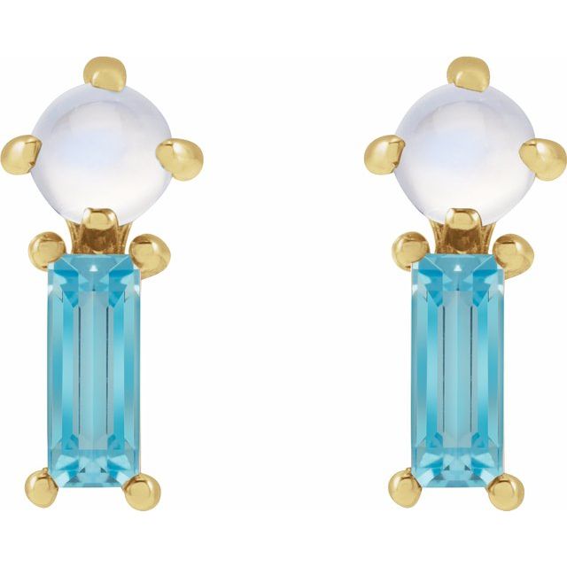 14K Natural Rainbow Moonstone & Natural Swiss Blue Topaz Earrings