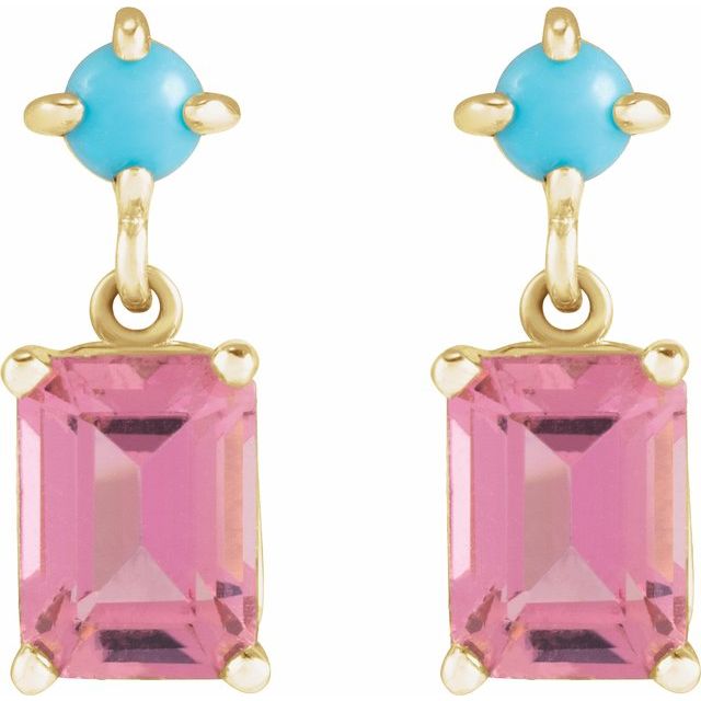 14K Natural Pink Tourmaline & Natural Turquoise Earrings