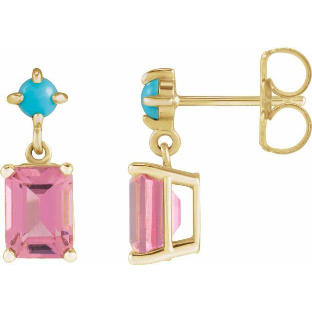 14K Natural Pink Tourmaline & Natural Turquoise Earrings
