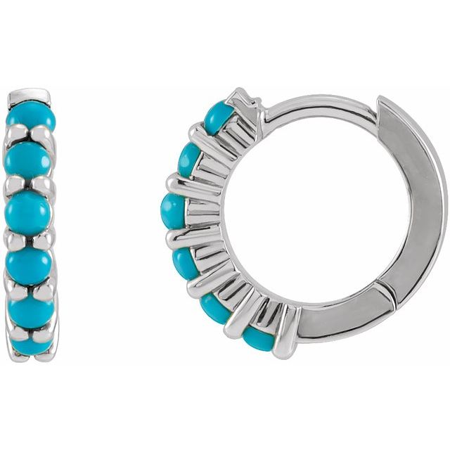 Sterling Silver Natural Turquoise Cabochon Hinged Hoop Earrings