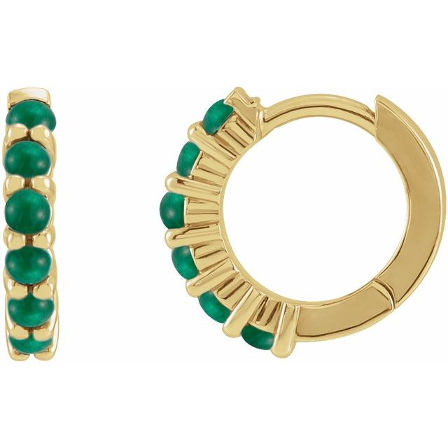 14K Natural Emerald Cabochon Hinged Hoop Earrings