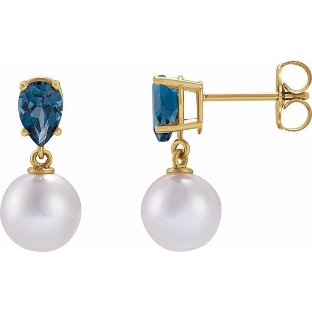 14K Cultured Akoya Pearl & Natural London Blue Topaz Earrings