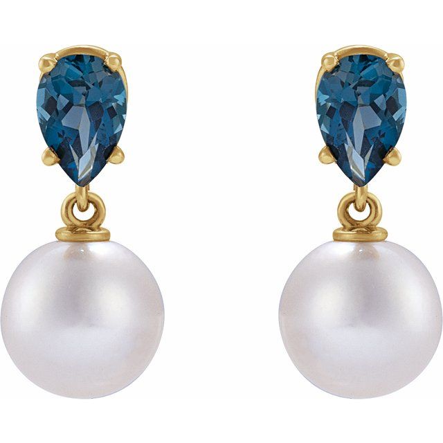 14K Cultured Akoya Pearl & Natural London Blue Topaz Earrings