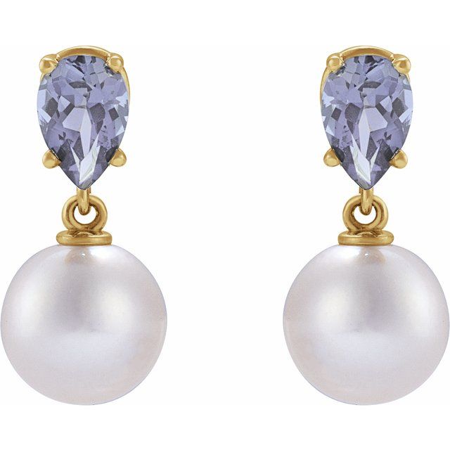 14K Cultured Akoya Pearl & Natural Tanzanite Earrings