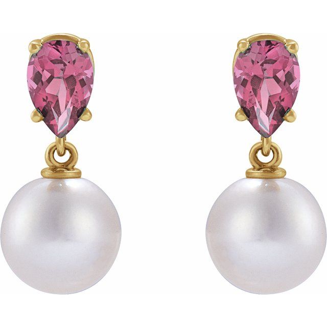 14K Cultured Akoya Pearl & Natural Pink Tourmaline Earrings