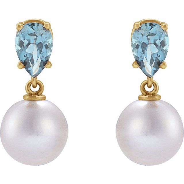 14K Cultured Akoya Pearl & Natural Aquamarine Earrings