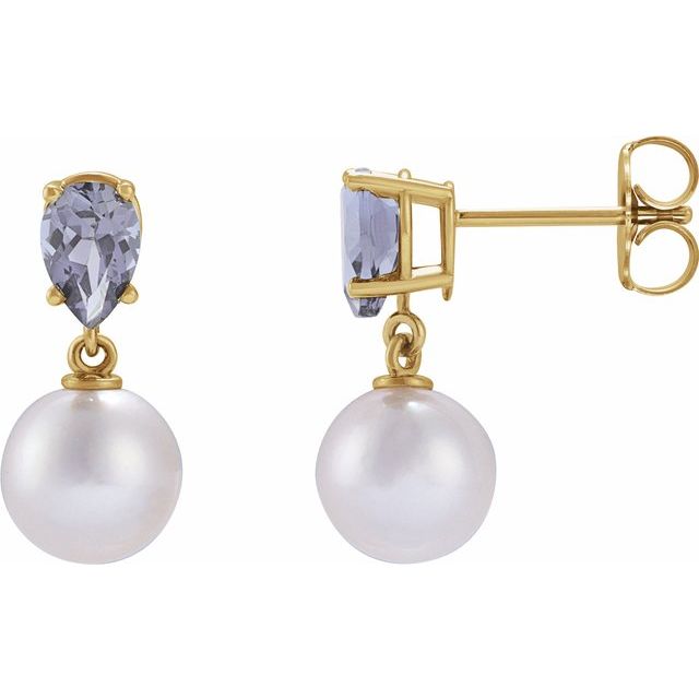 14K Cultured Akoya Pearl & Natural Tanzanite Earrings