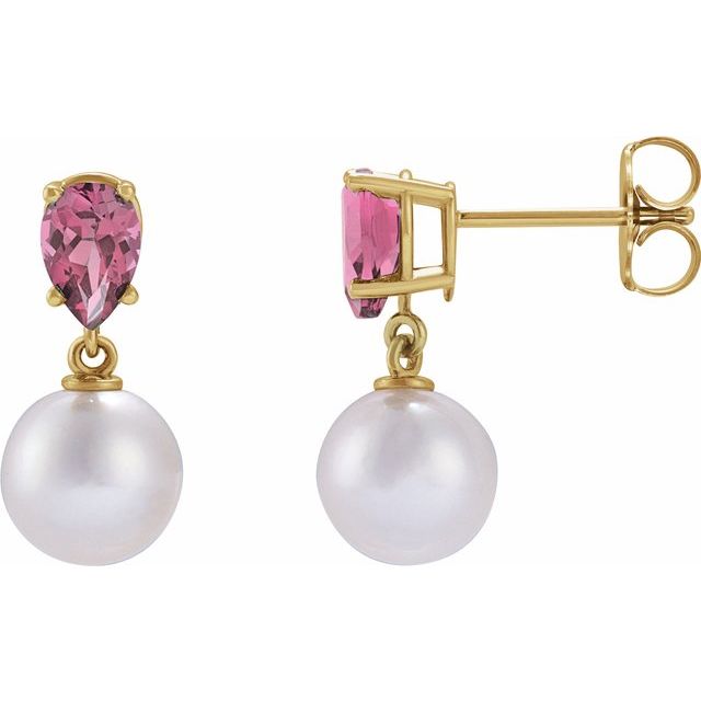 14K Cultured Akoya Pearl & Natural Pink Tourmaline Earrings