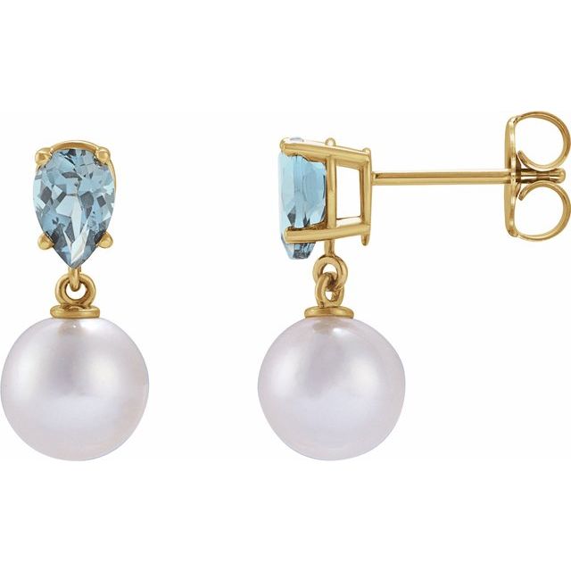 14K Cultured Akoya Pearl & Natural Aquamarine Earrings