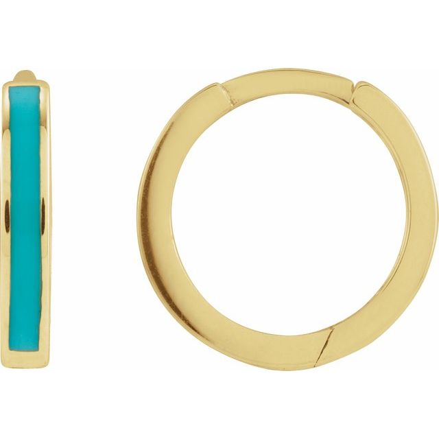 14K Hinged Turquoise Enamel Huggie Earrings