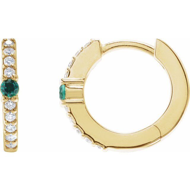 14K Natural Emerald & 1/8 CTW Natural Diamond Hoop Earring