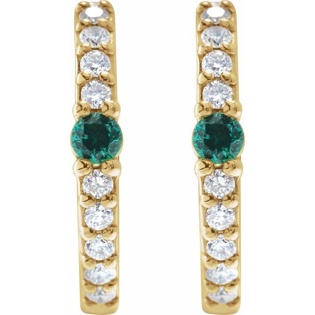 14K Lab-Grown Emerald & 1/8 CTW Natural Diamond Hoop Earring