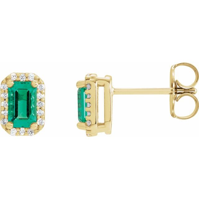 14K Lab-Grown Emerald & 1/8 CTW Natural Diamond Halo-Style Earrings
