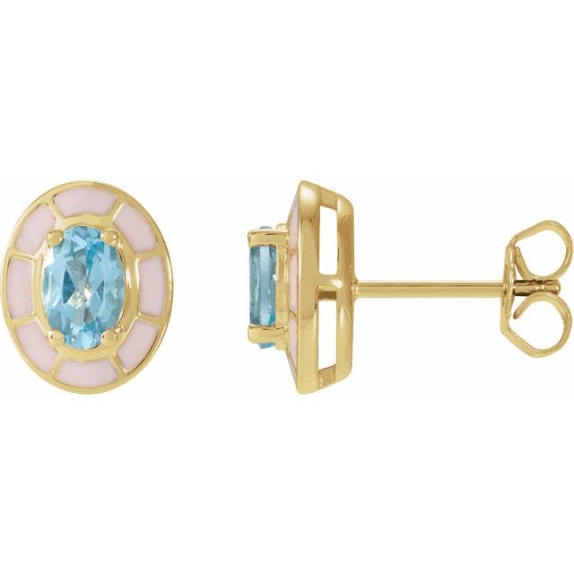 14K Natural Sky Blue Topaz & Enamel Stud Earrings