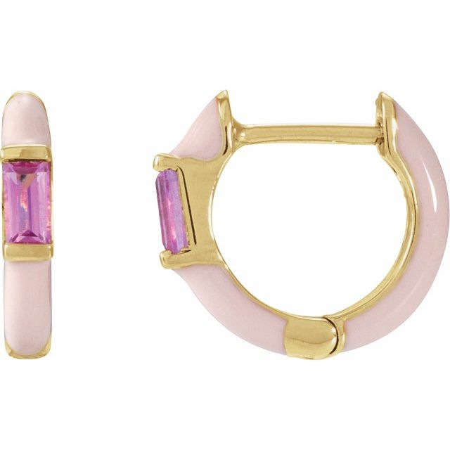 14K Natural Pink Tourmaline & Pink Enamel Hinged Hoop Earrings