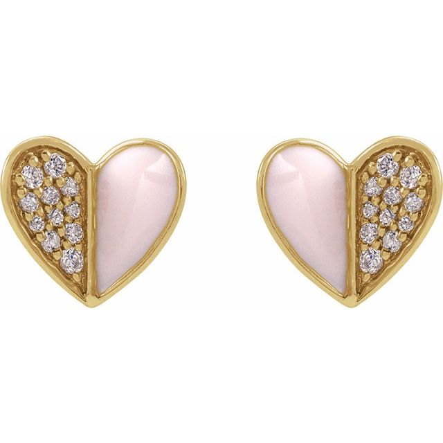 14K 1/10 Natural Diamond & Pink Enamel Heart Earrings
