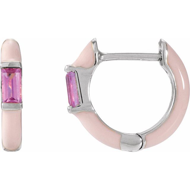 14K Natural Pink Tourmaline & Pink Enamel Hinged Hoop Earrings