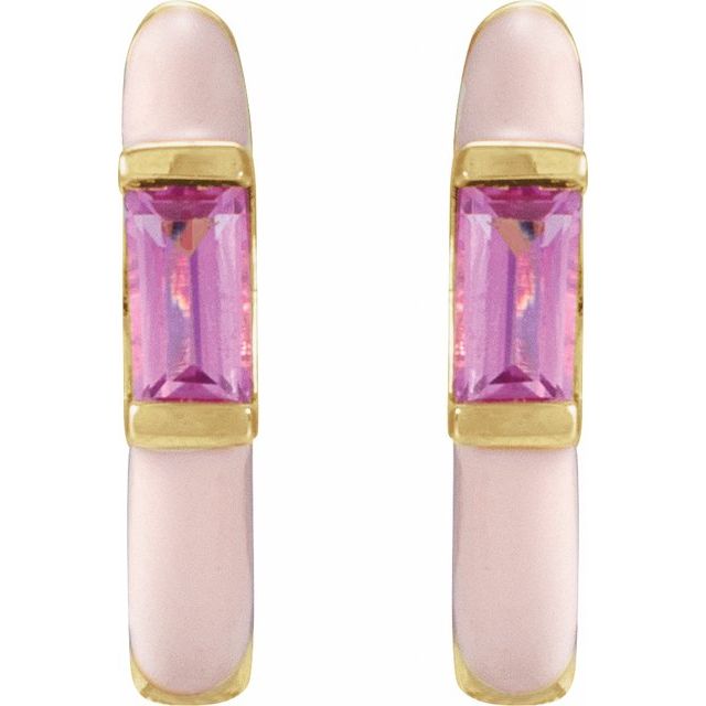 14K Natural Pink Tourmaline & Pink Enamel Hinged Hoop Earrings