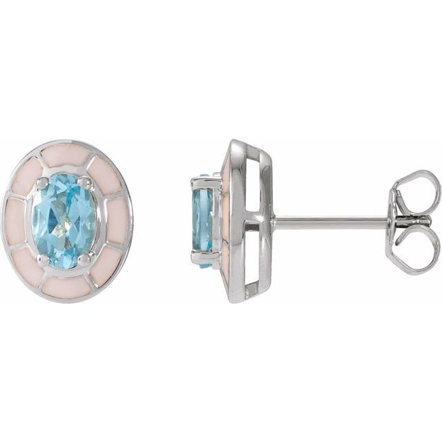 14K Natural Sky Blue Topaz & Enamel Stud Earrings