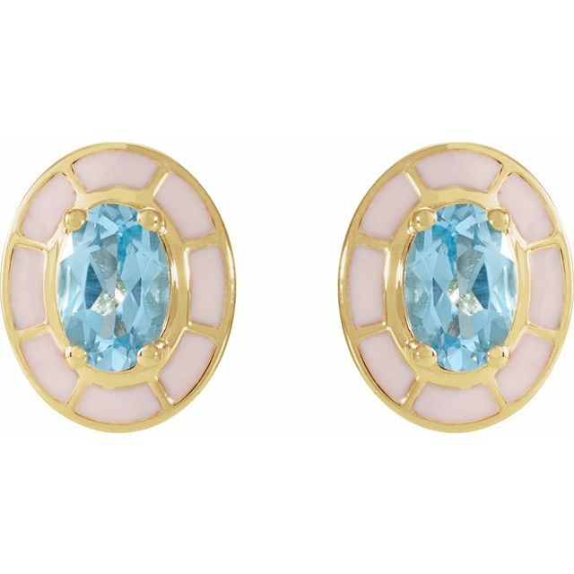 14K Natural Sky Blue Topaz & Enamel Stud Earrings