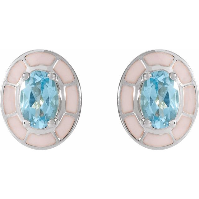 14K Natural Sky Blue Topaz & Enamel Stud Earrings