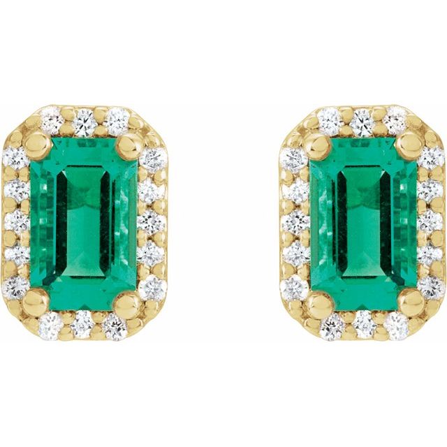 14K Lab-Grown Emerald & 1/8 CTW Natural Diamond Halo-Style Earrings