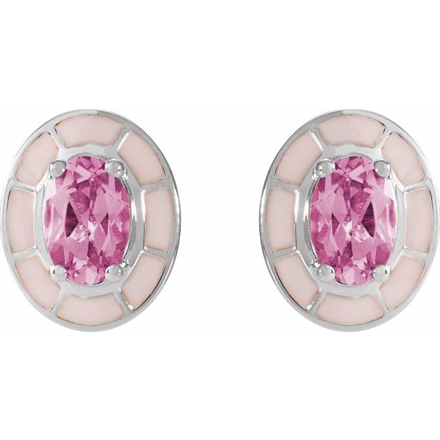 14K Natural Pink Tourmaline & Pink Enamel Stud Earrings