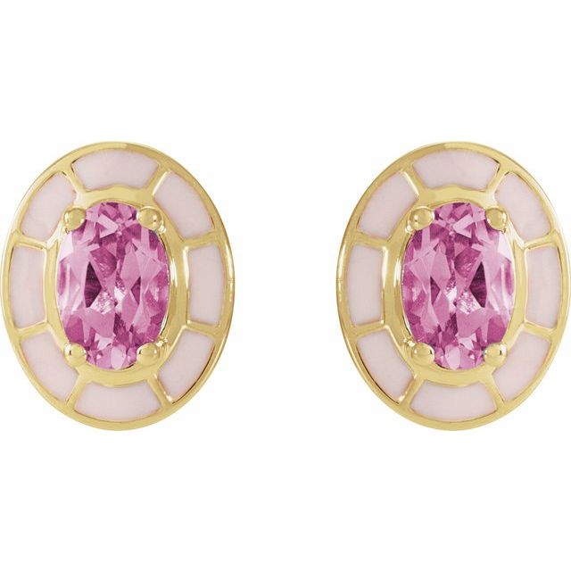 14K Natural Pink Tourmaline & Pink Enamel Stud Earrings