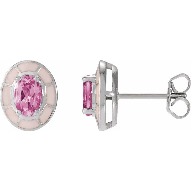 14K Natural Pink Tourmaline & Pink Enamel Stud Earrings