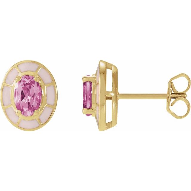 14K Natural Pink Tourmaline & Pink Enamel Stud Earrings