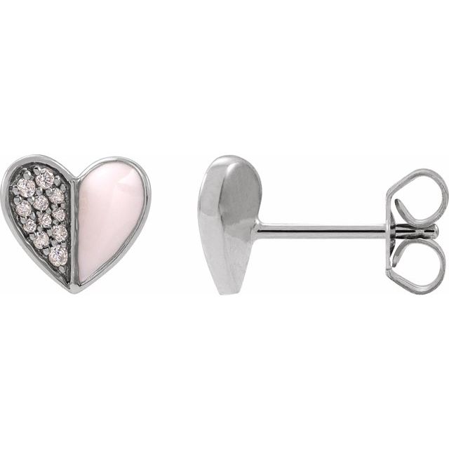 14K 1/10 Natural Diamond & Pink Enamel Heart Earrings