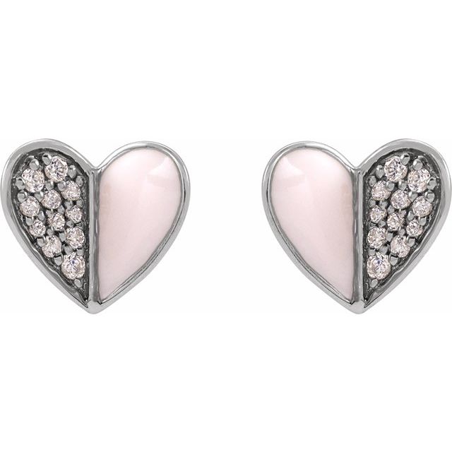 14K 1/10 Natural Diamond & Pink Enamel Heart Earrings
