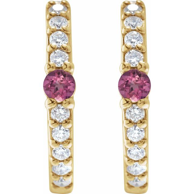 14K Natural Pink Tourmaline & 1/8 CTW Natural Diamond Hoop Earring