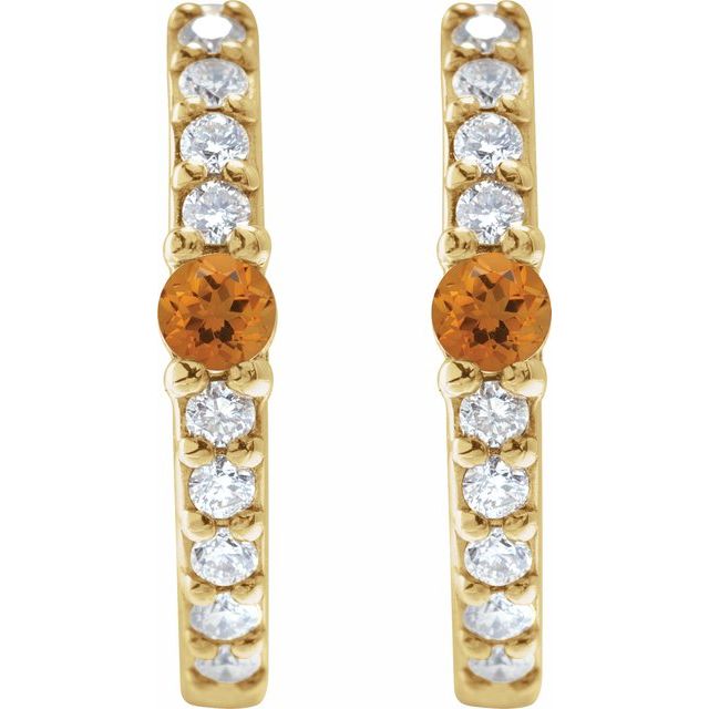 14K Natural Citrine & 1/8 CTW Natural Diamond Hoop Earring