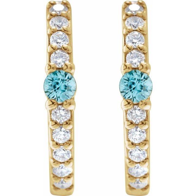14K Natural Blue Zircon & 1/8 CTW Natural Diamond Hoop Earring