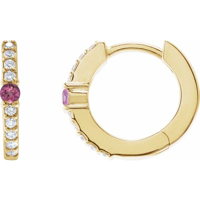 14K Natural Pink Tourmaline & 1/8 CTW Natural Diamond Hoop Earring