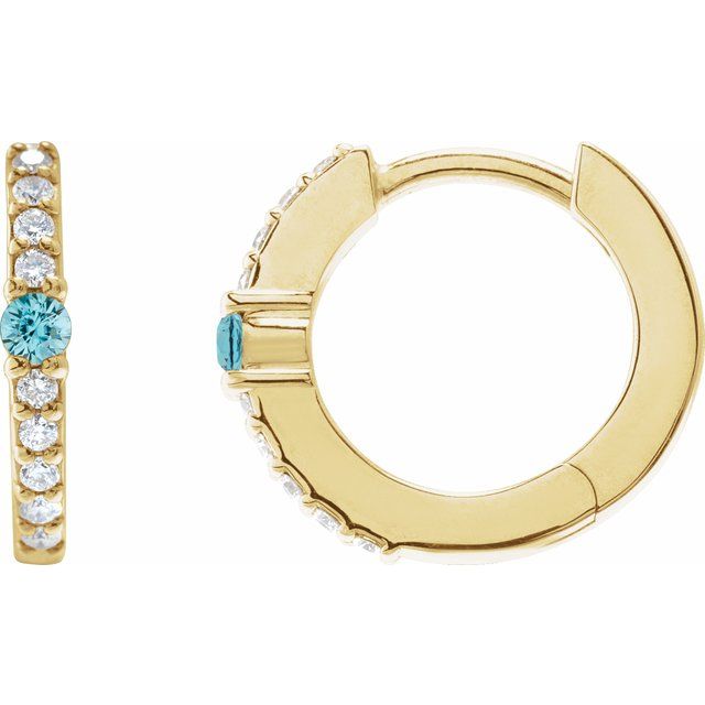 14K Natural Blue Zircon & 1/8 CTW Natural Diamond Hoop Earring