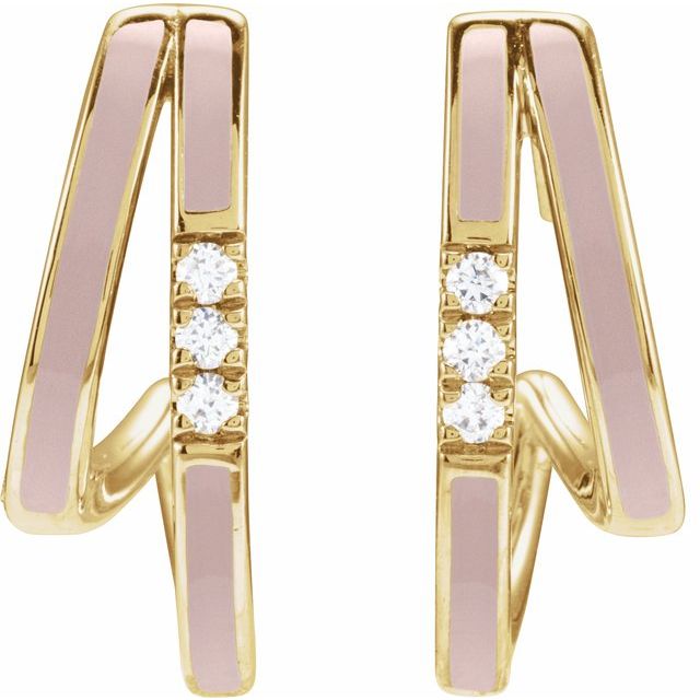 14K 1/10 CTW Natural Diamond & Pink Enamel Hoop Earrings